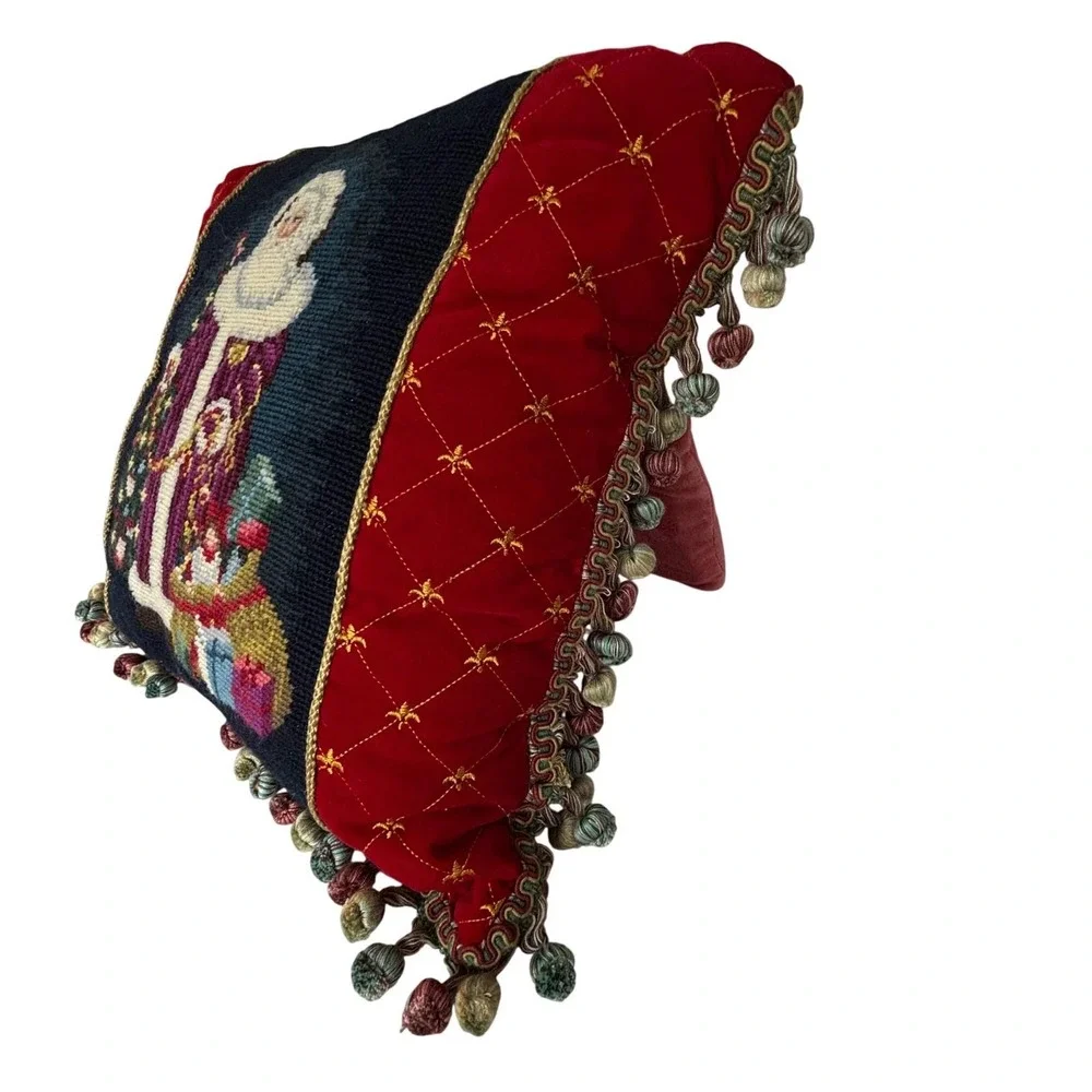 Vtg Needlepoint Pillow Santa Claus Christmas‎ Velvet Wool Tassle Fleur de Lis